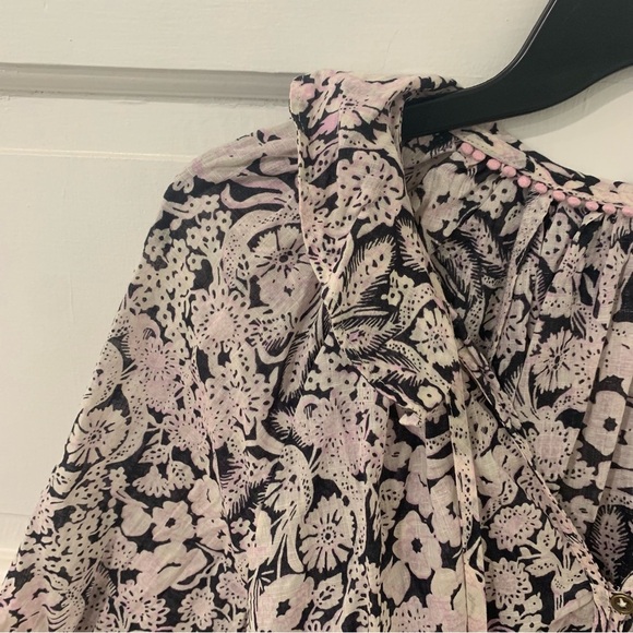 By Anthropologie Button Up Peasant Blouse XSmall Black Floral Puff Sleeve V-Neck - Picture 3 of 12